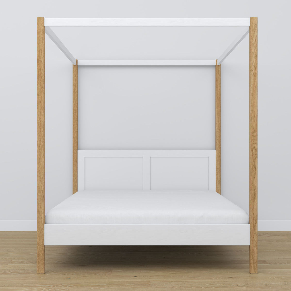 Tweepersoonsbed wit-eiken met hemelbed – hoek van het houten frame, close-up