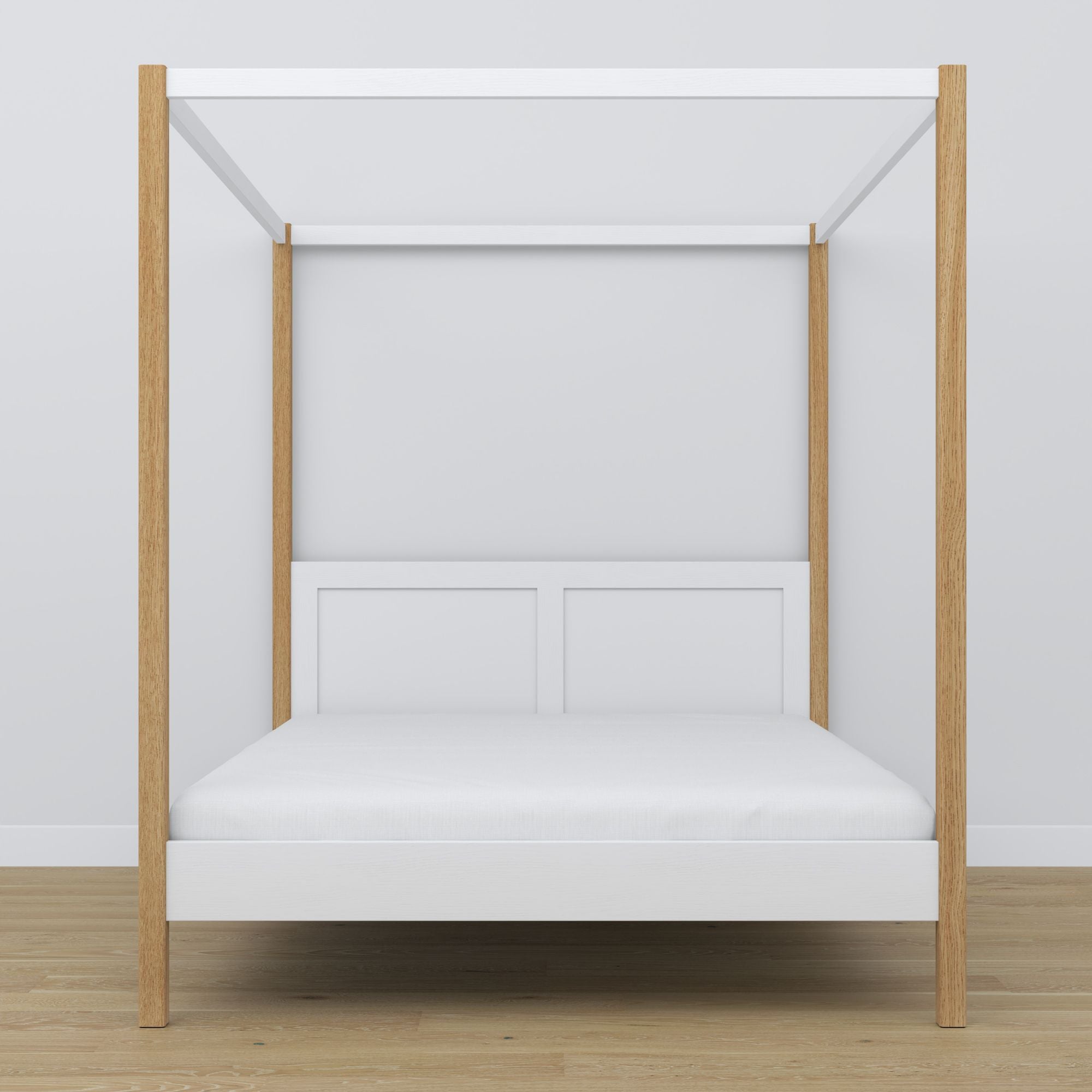 Tweepersoonsbed wit-eiken met hemelbed – hoek van het houten frame, close-up