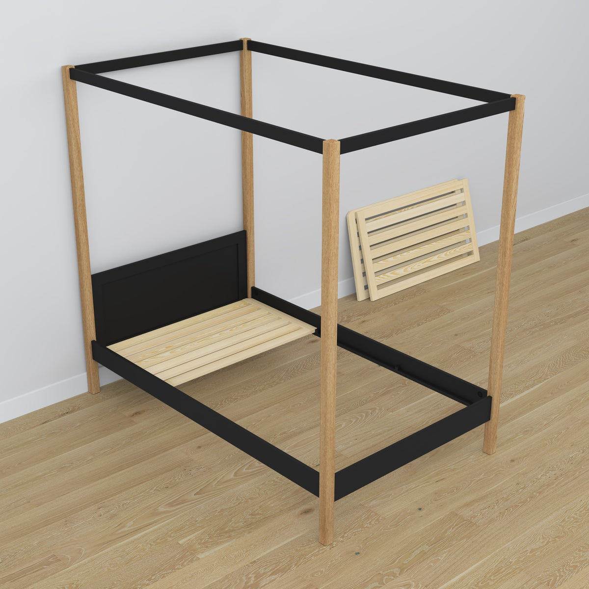 Bed zwart-eiken met hemelbed in kinderkamer – scandi inrichting