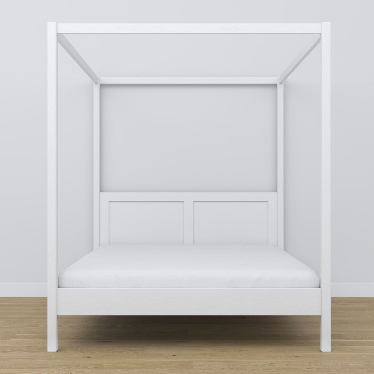 Tweepersoonsbed wit met hemel – hoek van het houten frame, close-up