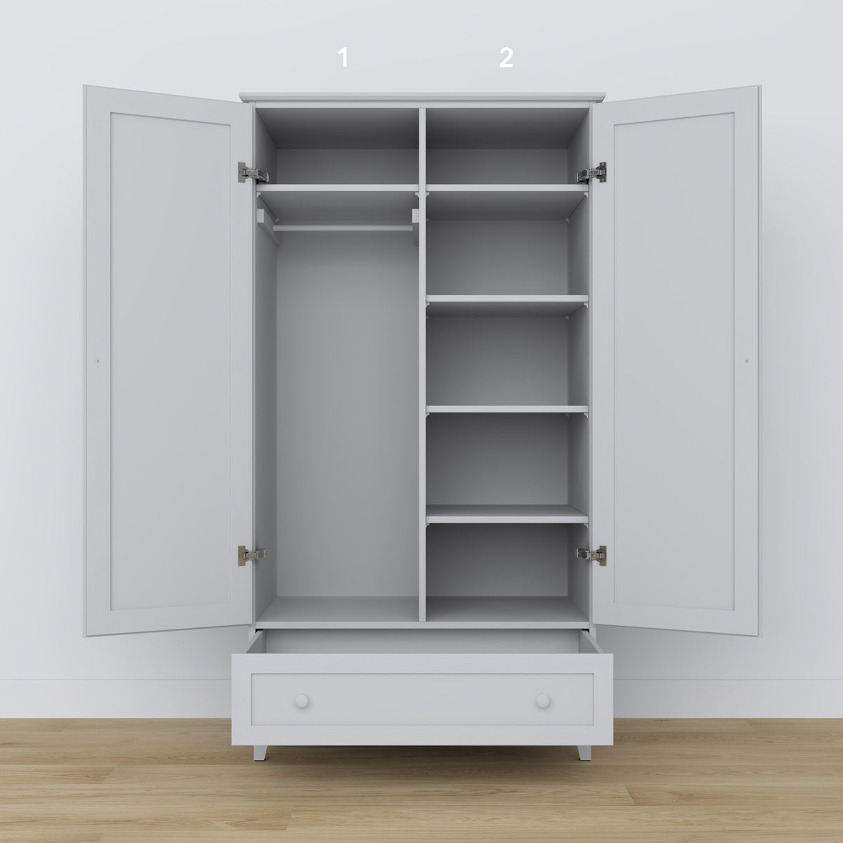 Wardrobe 2D1S wooden grey – open doors, hanging rail and internal shelves