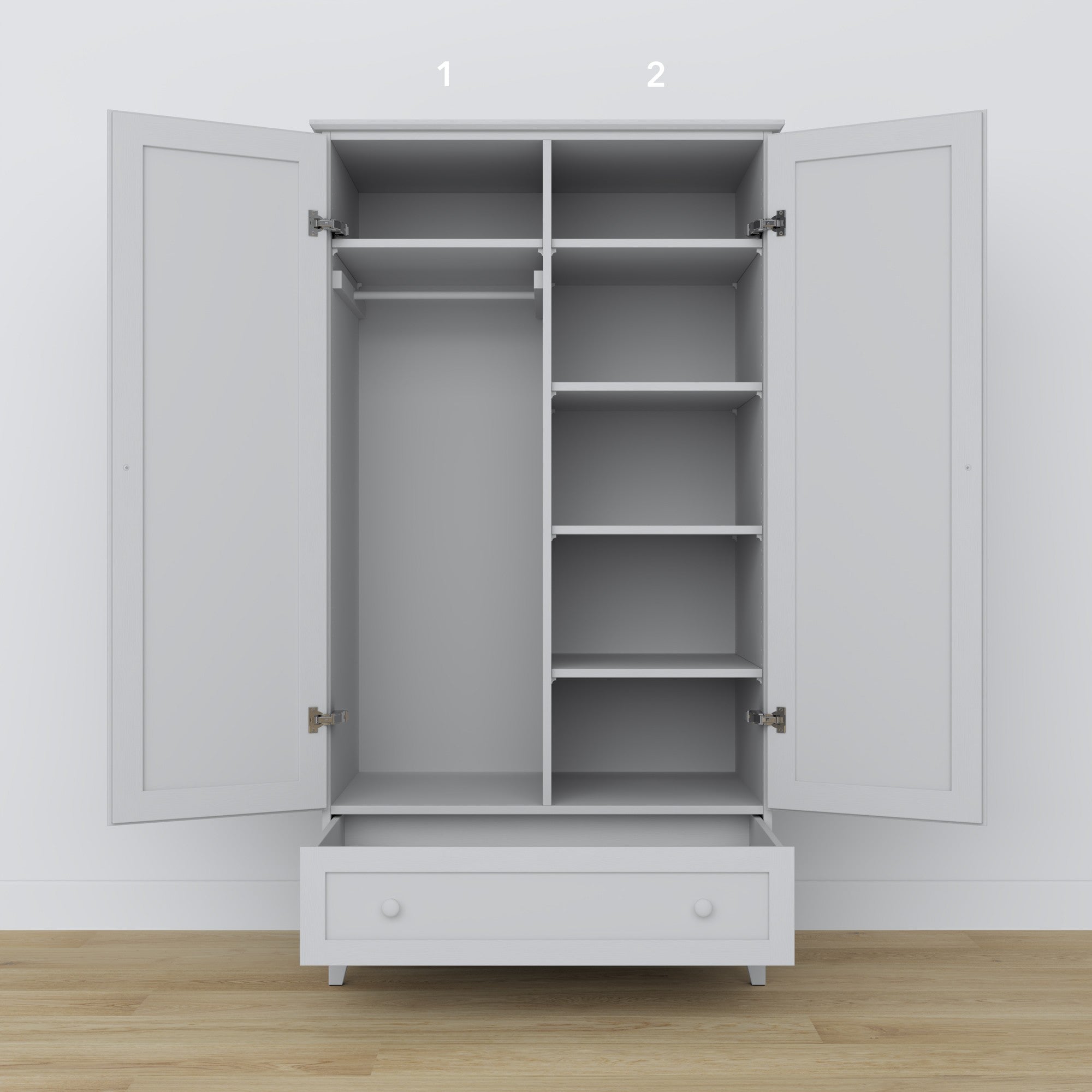 Wardrobe 2D1S wooden grey – open doors, hanging rail and internal shelves