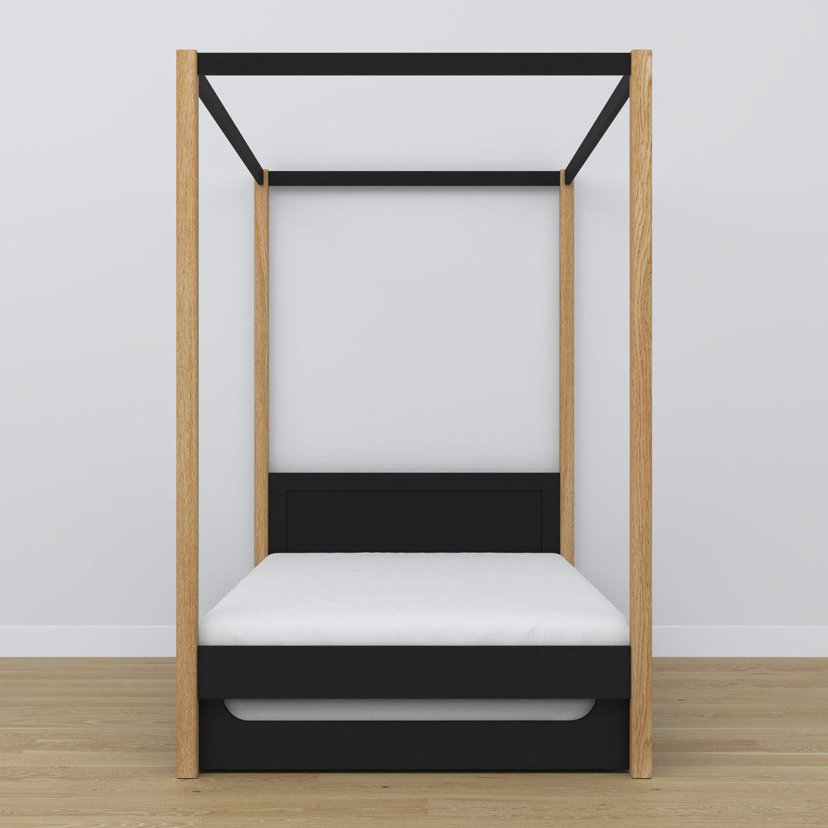 Bed zwart-eiken met hemel en lade – zijaanzicht, houten, Nizio