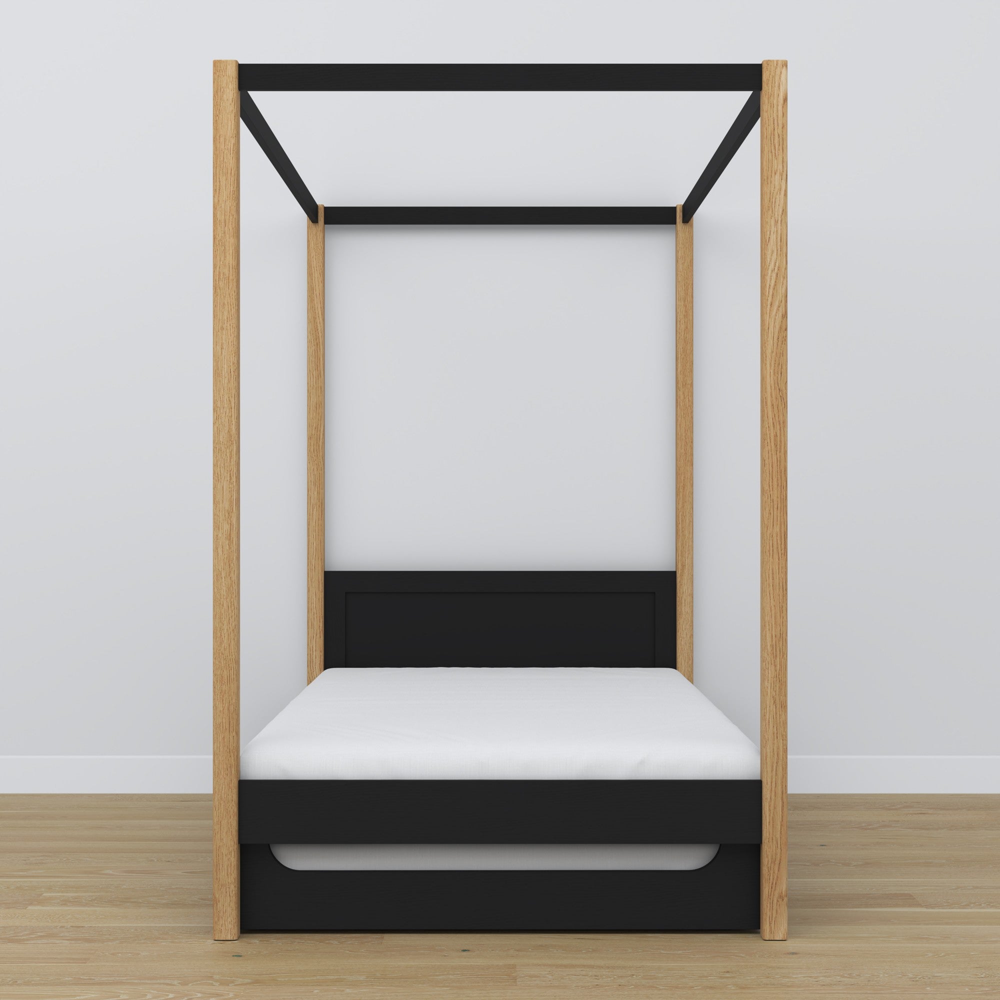 Bed zwart-eiken met hemel en lade – zijaanzicht, houten, Nizio