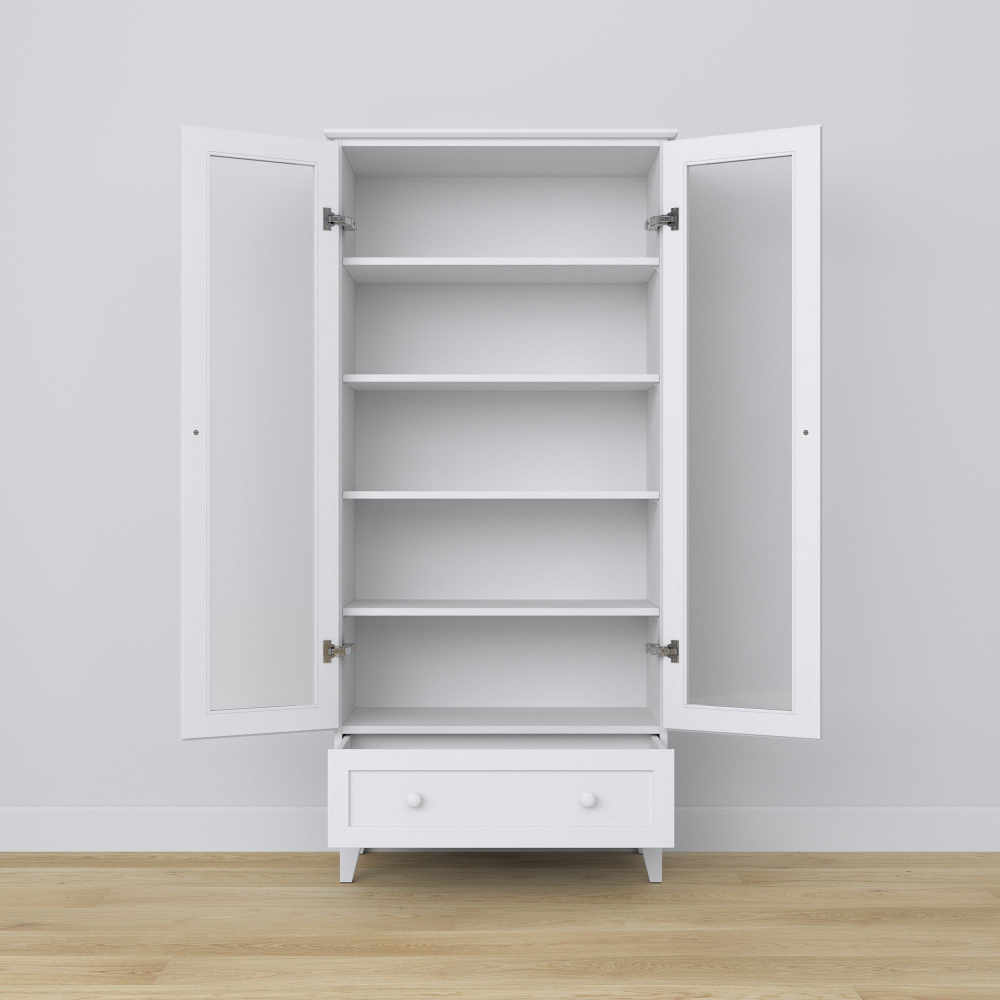 Vitrinekast 1S houten wit – deuren open, planken en lade binnenin