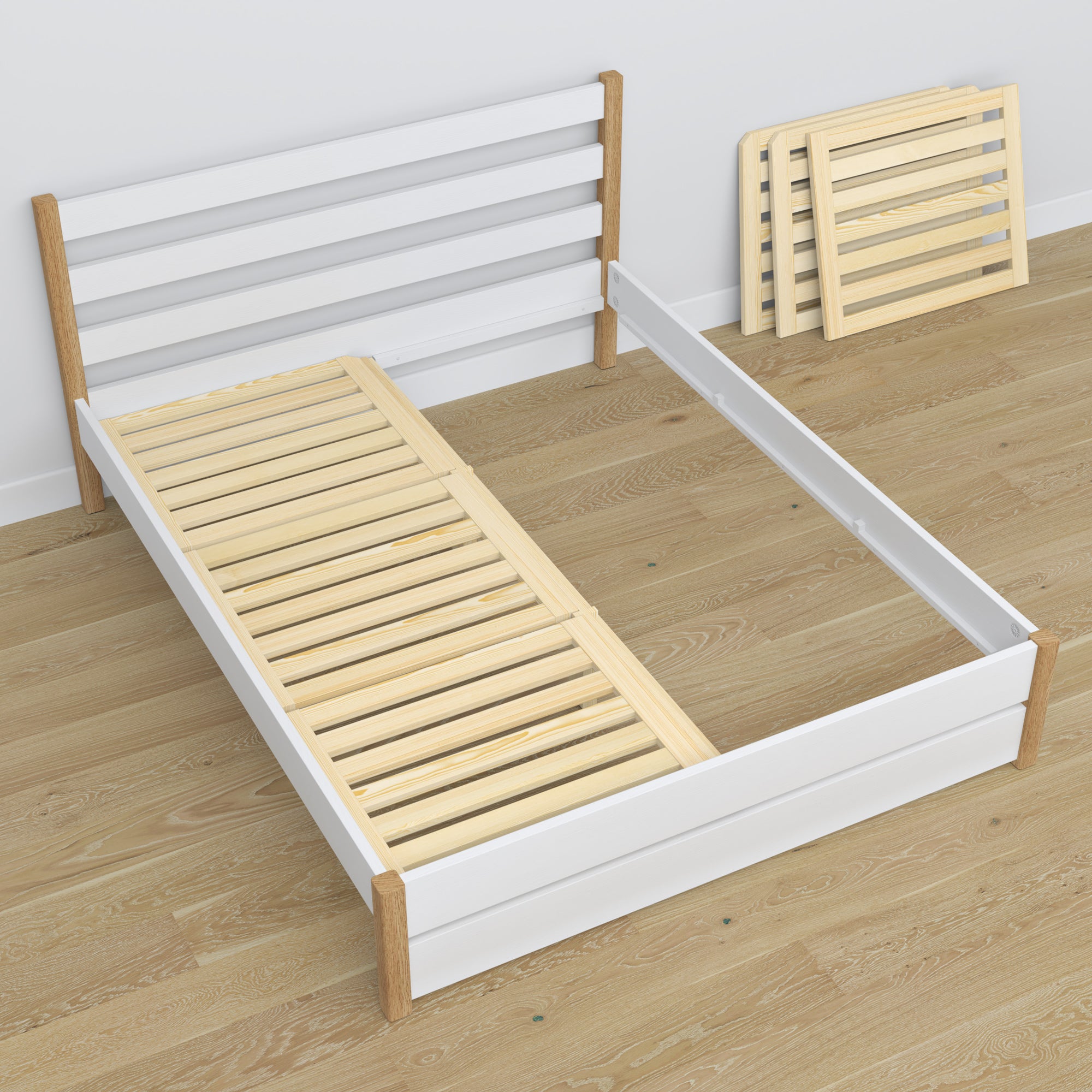 Tweepersoonsbed wit met eiken van hout – afmetingen en schema, Nizio Home
