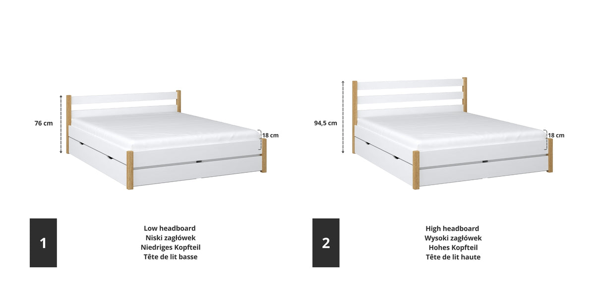 Houten tweepersoons bed wit met eiken – details verbindingen en lade, Nizio