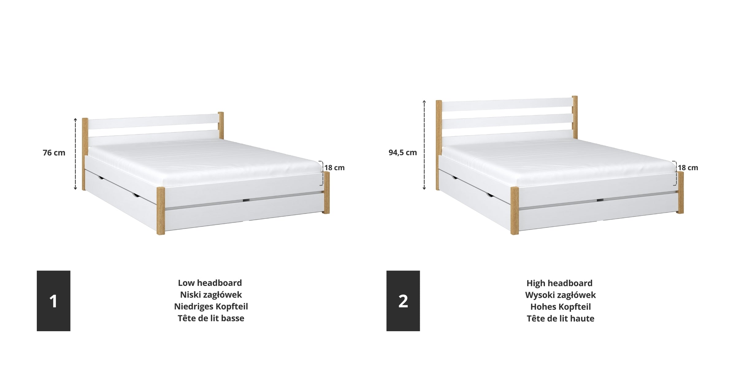 Houten tweepersoons bed wit met eiken – details verbindingen en lade, Nizio