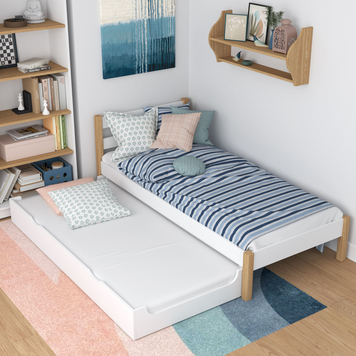 Bed white/oak with drawer for extra mattress – wooden, for children Nizio