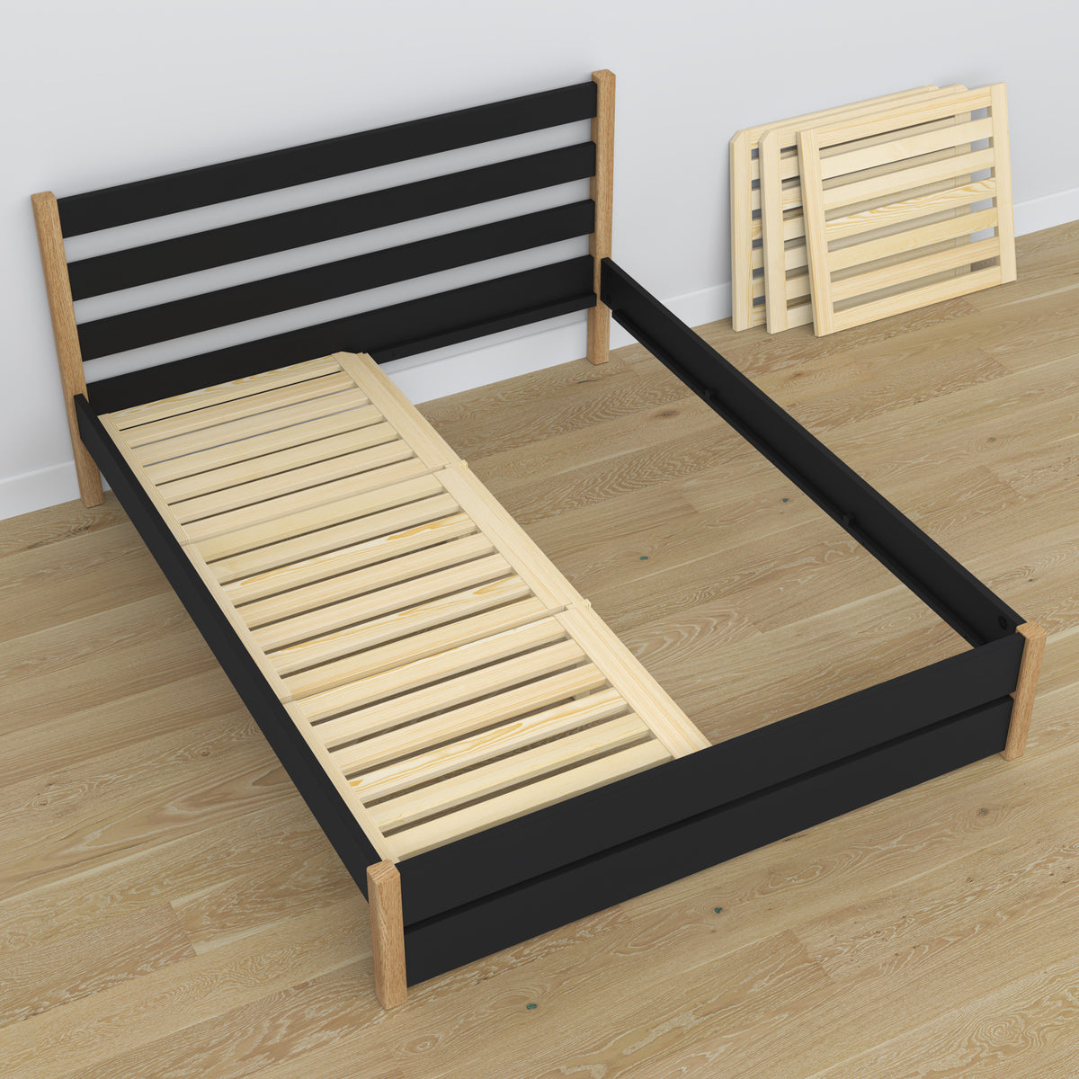 Tweepersoonsbed zwart met eiken van hout – afmetingen en schema, Nizio Home