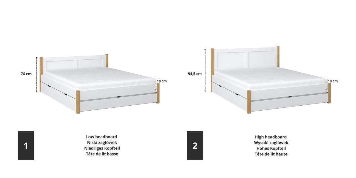 Houten tweepersoons bed wit met eiken – details verbindingen en lade, Nizio