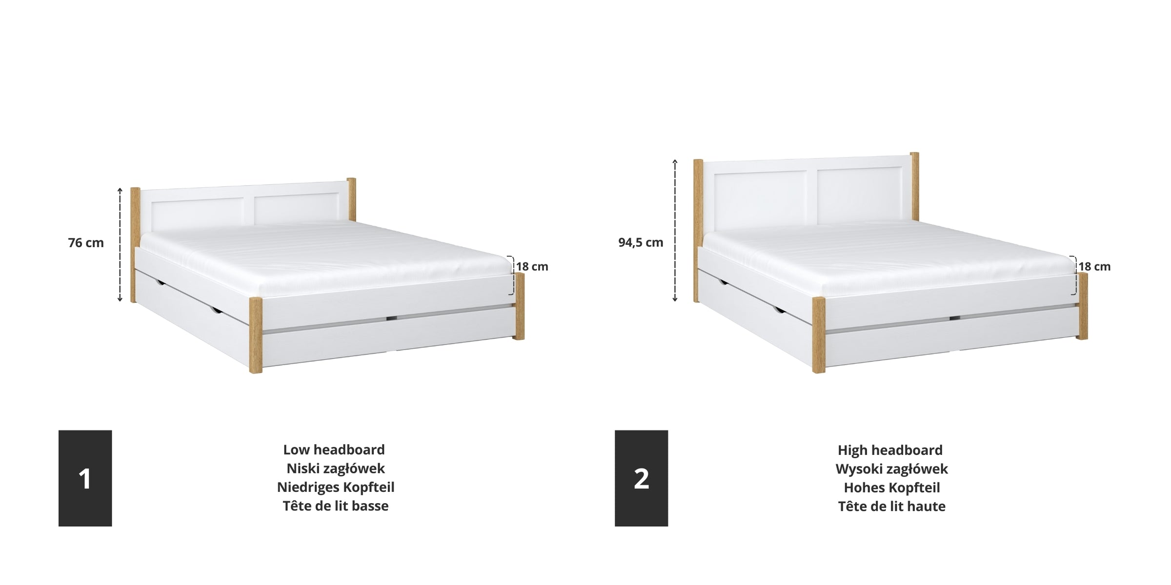 Houten tweepersoons bed wit met eiken – details verbindingen en lade, Nizio