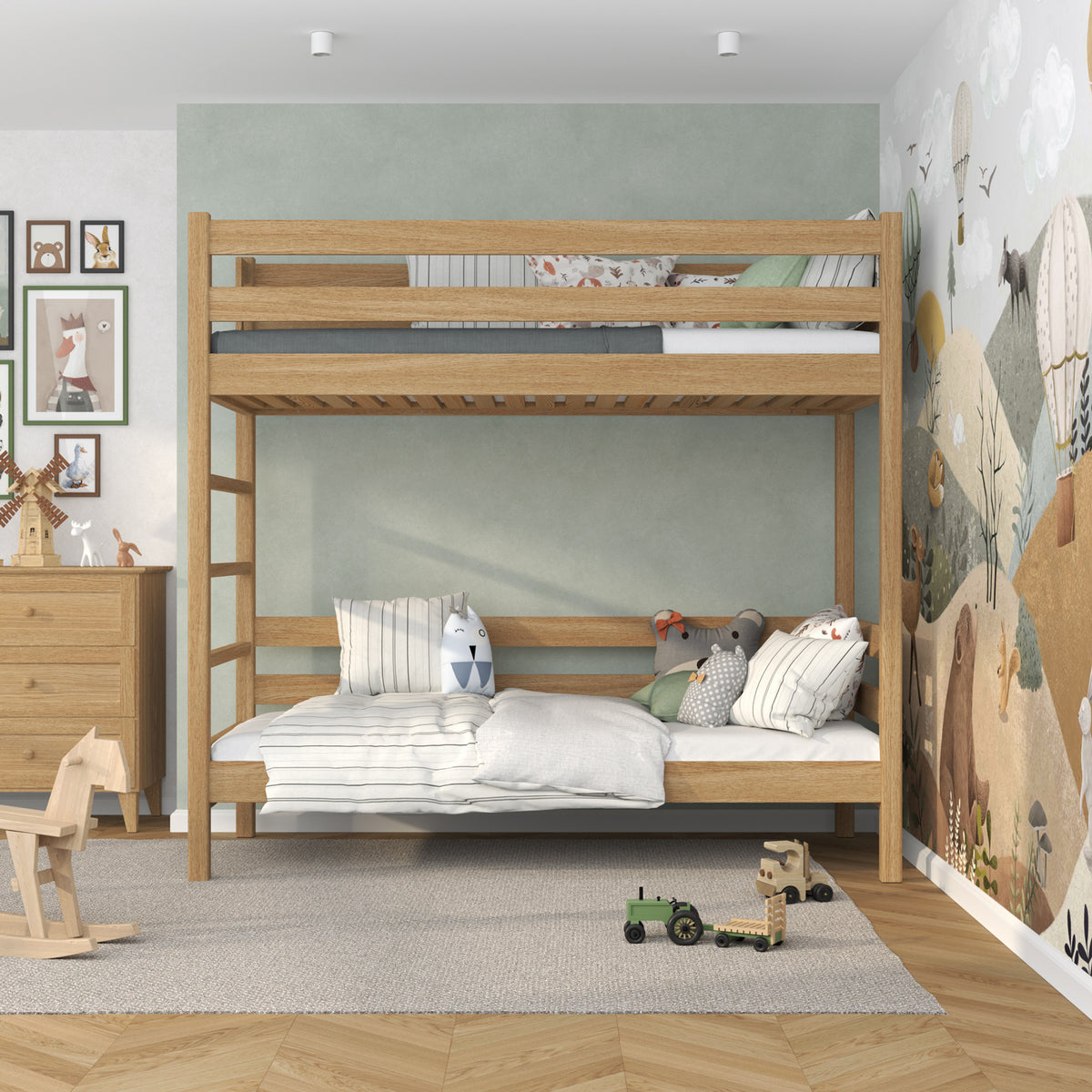 Stapelbed naturel eiken – ladder en bedhekje eiken, Nizio Home