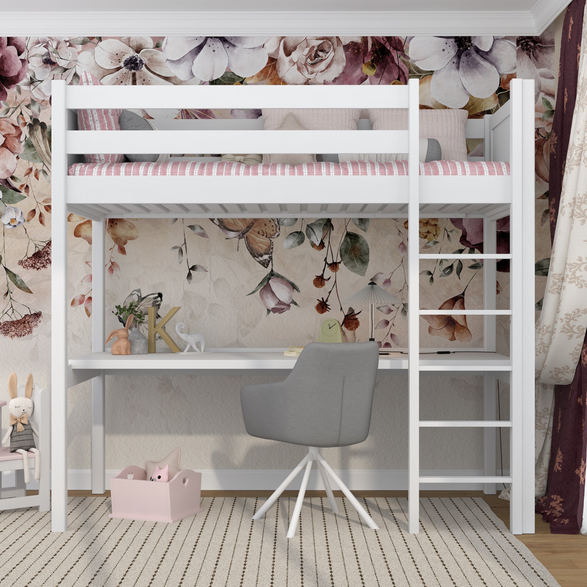 Lit mezzanine blanc avec bureau – espace d'apprentissage sous la chambre, en bois