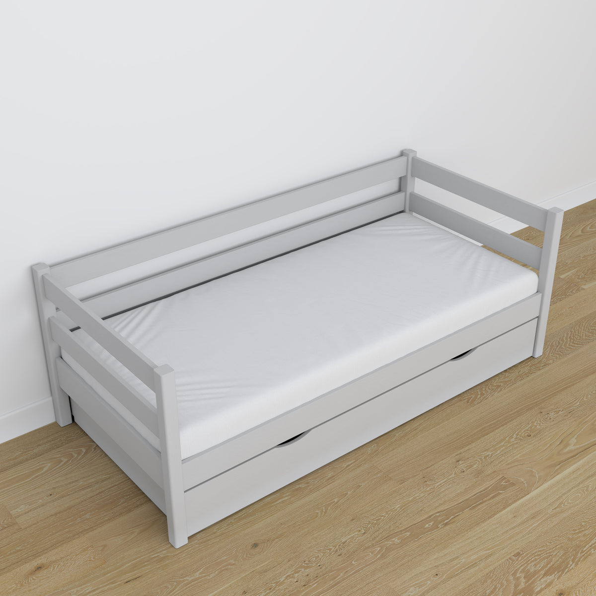 Slaapbank grijs – houten details en verbindingen, Nizio Home