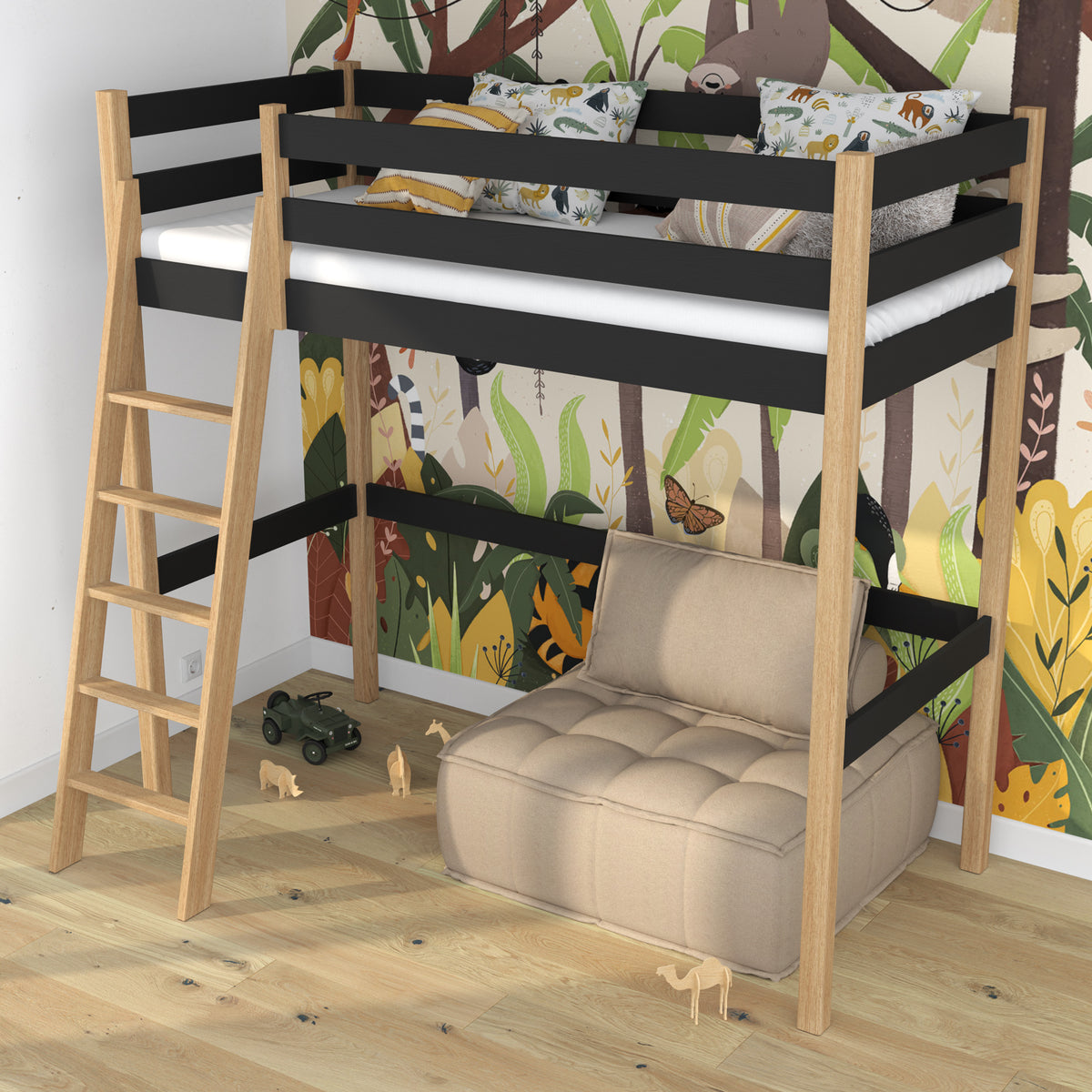 Hoogslaper zwart-eiken in kinderkamer – scandi inrichting, houten