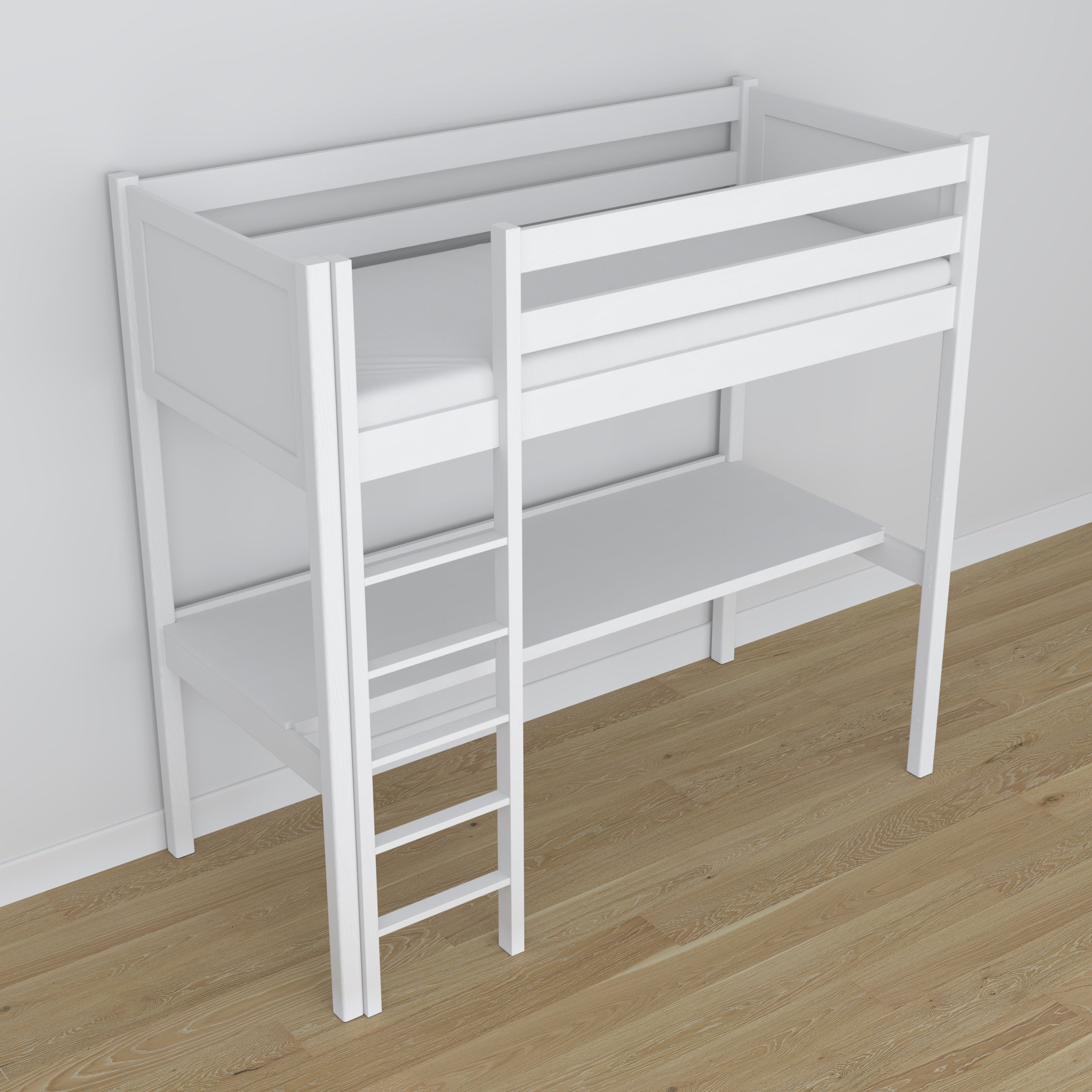 Lit mezzanine en bois blanc avec bureau – sommier i lattes, Nizio
