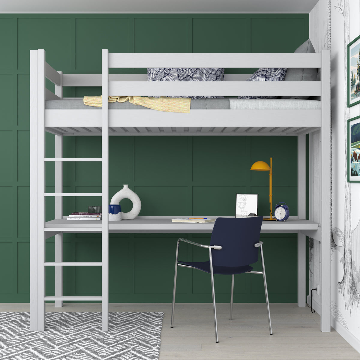 Lit mezzanine gris avec bureau – espace d'apprentissage sous la chambre, en bois