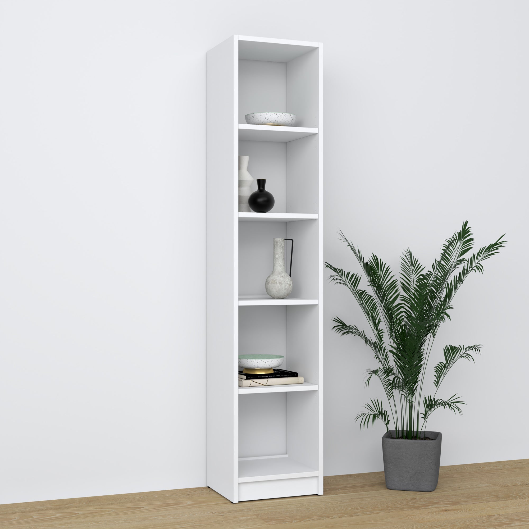 Bookcase white – wooden, front view, all shelves, Nizio