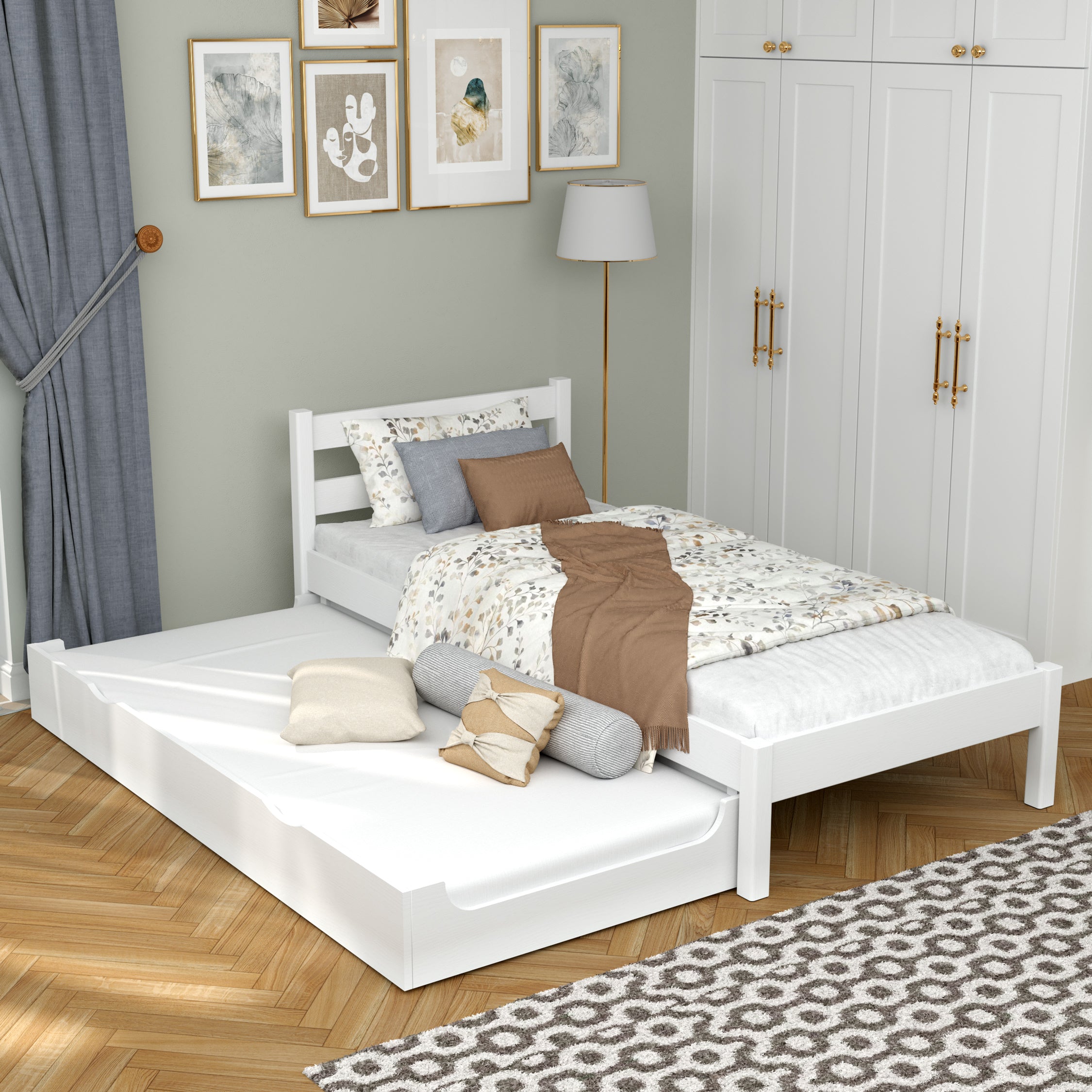 White Bed with Drawer for Additional Mattress – Wooden, for Children, Nizio