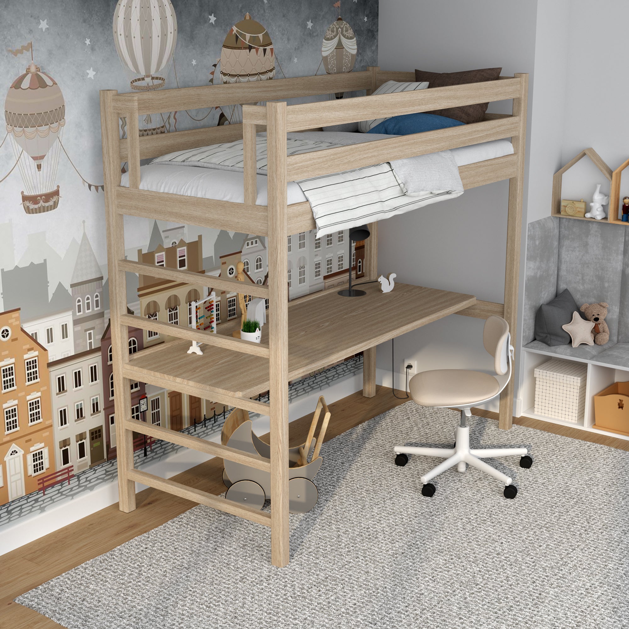 Hoogslaper gewit eiken – eiken bureau onder slaapgedeelte, kinderkamer scandi