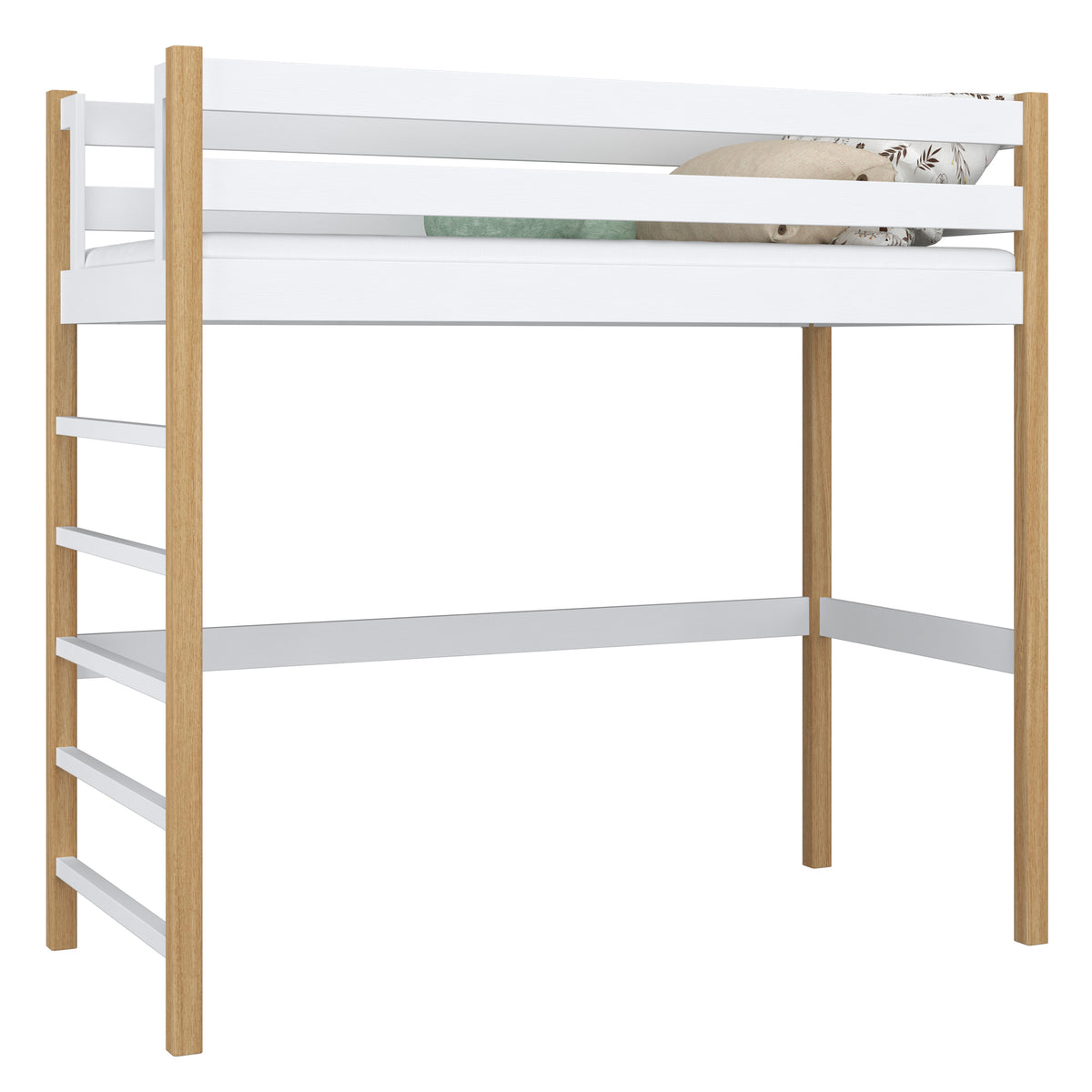 Lit mezzanine blanc-chêne – échelle i barrière en bois, Nizio Home