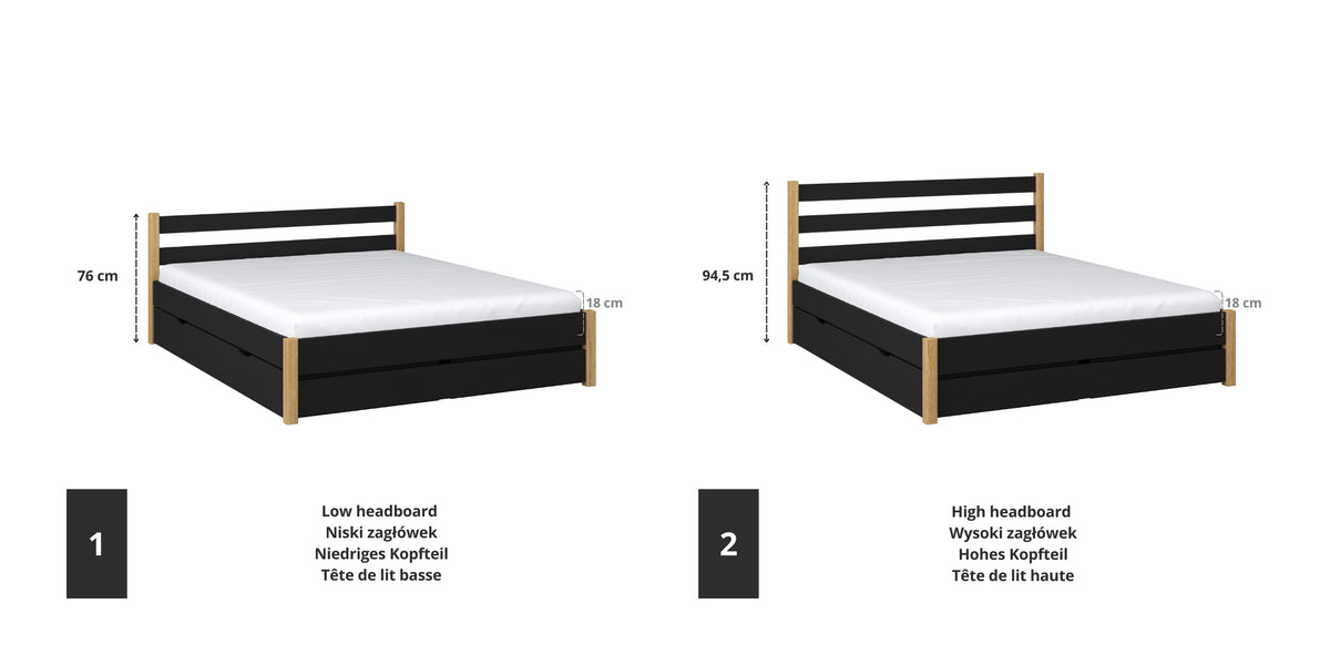 Tweepersoonsbed houten zwart met eiken – details van verbindingen en lade, Nizio