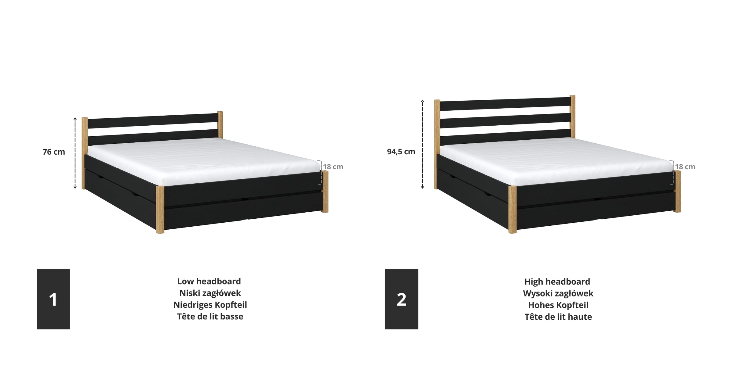 Tweepersoonsbed houten zwart met eiken – details van verbindingen en lade, Nizio