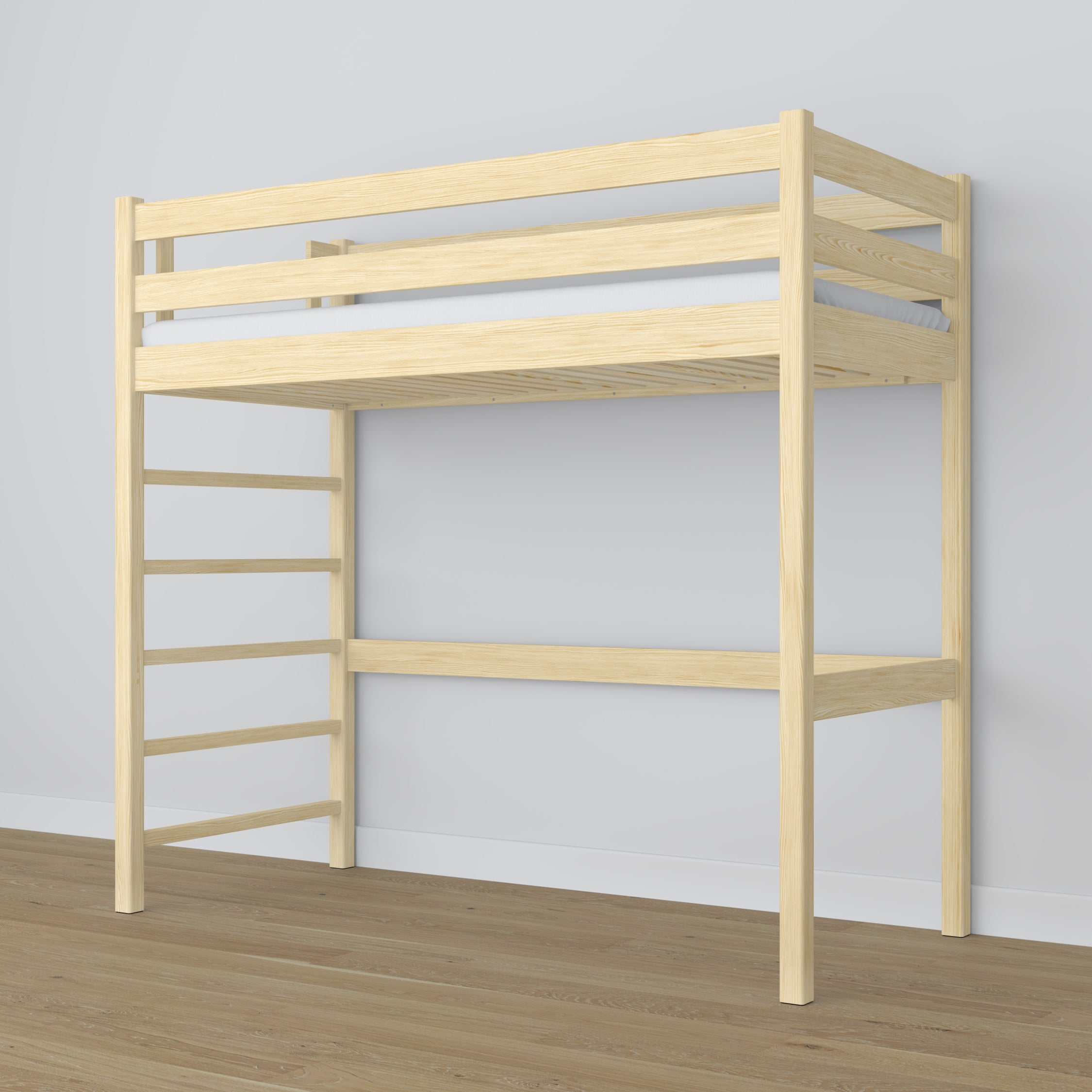 Lit mezzanine en bois pin incolore – sommier à lattes, vue de côté