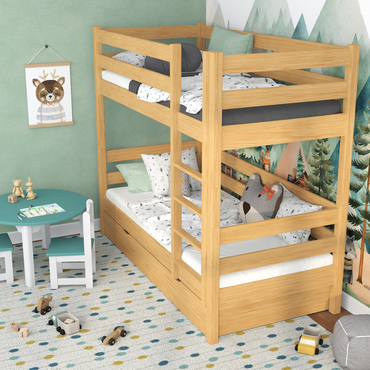 Stapelbed naturel grenen voor kinderen – twee slaapplekken en lade, houten