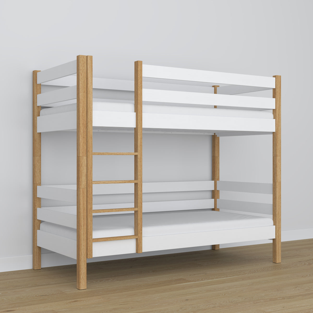 Stapelbed houten wit-eiken – close-up verbindingen en houtdetails