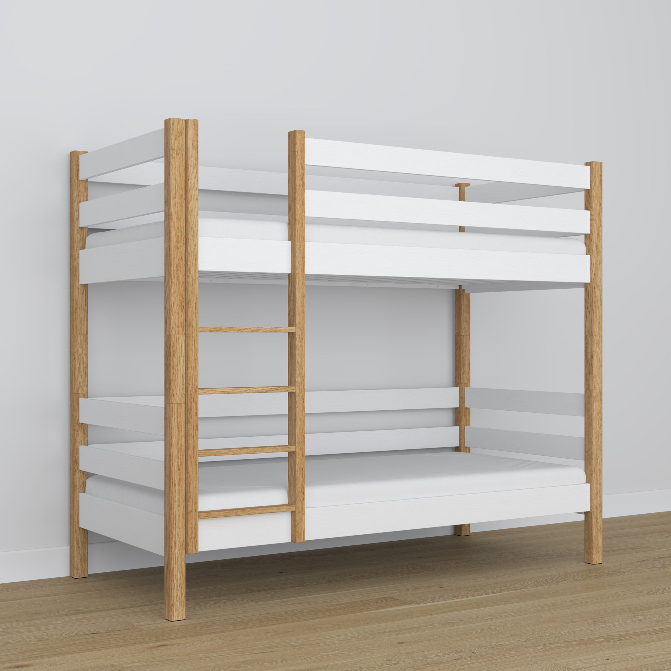 Stapelbed houten wit-eiken – close-up verbindingen en houtdetails