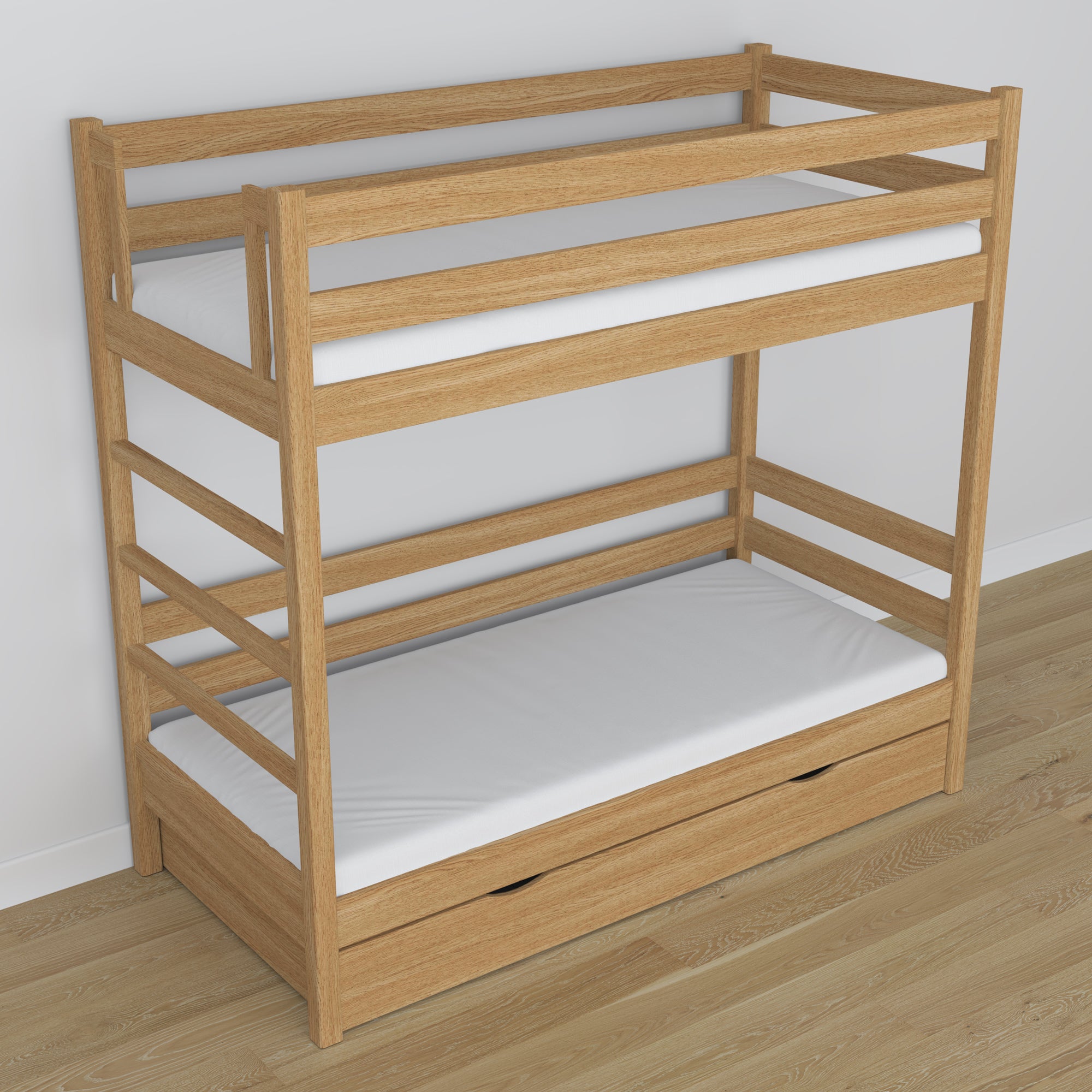 Stapelbed van eikenhout naturel eiken – details van verbindingen en ladder, kinderkamer