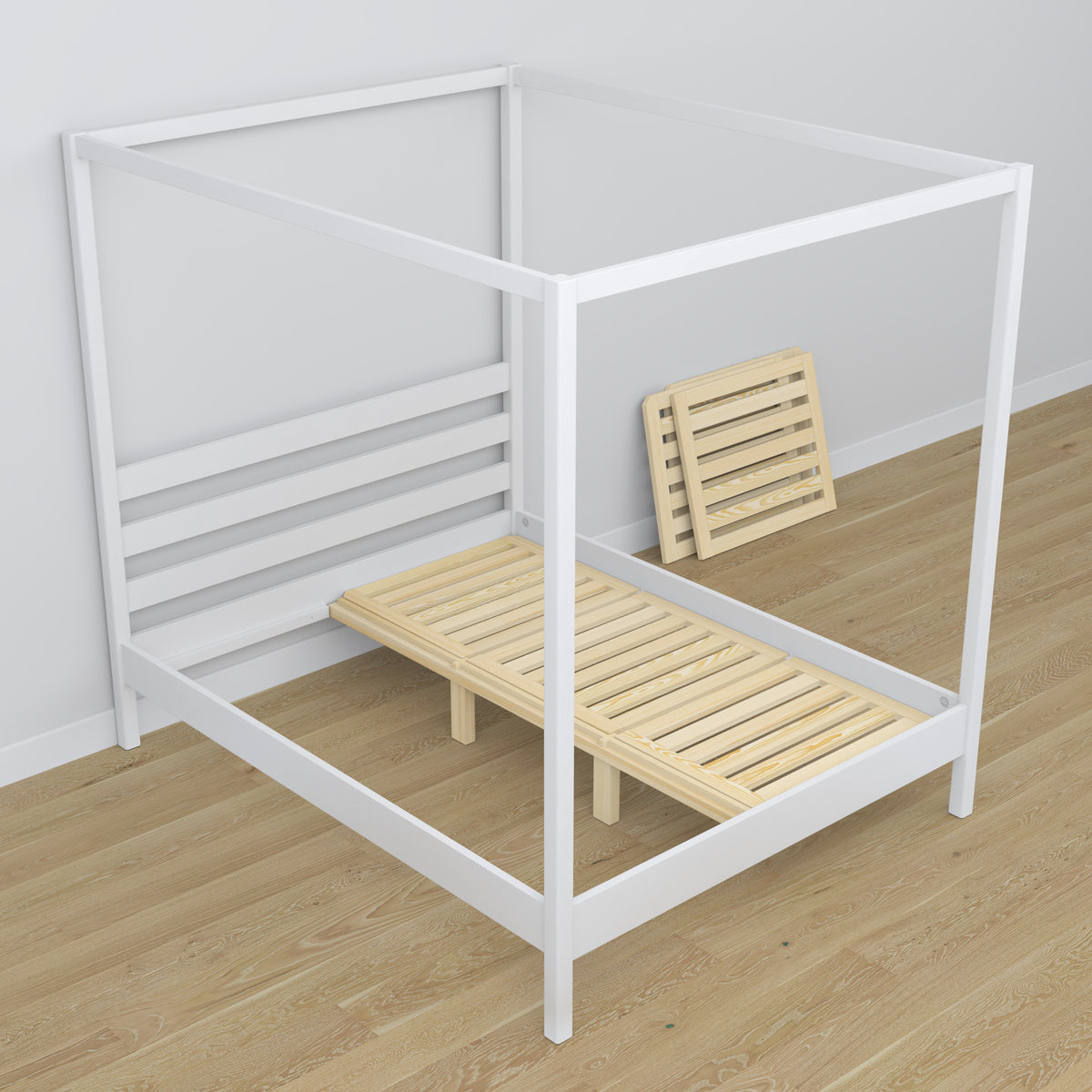 Bed met hemelbed wit van hout – zijaanzicht, scandi stijl