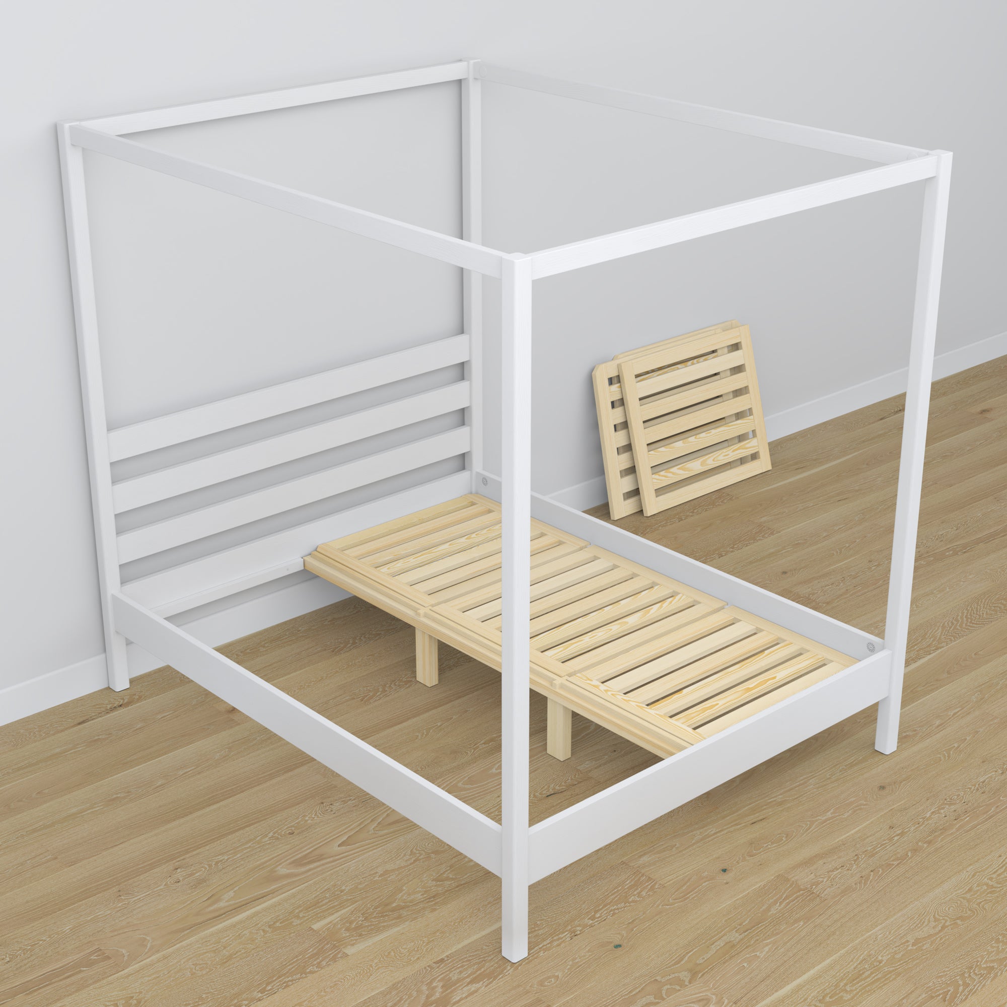 Bed met hemelbed wit van hout – zijaanzicht, scandi stijl