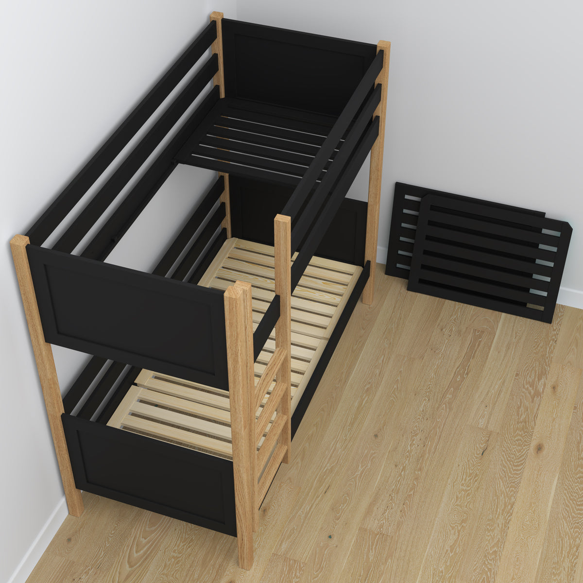 Lit superposé avec tiroir noir-chêne en bois – design scandinave, Nizio