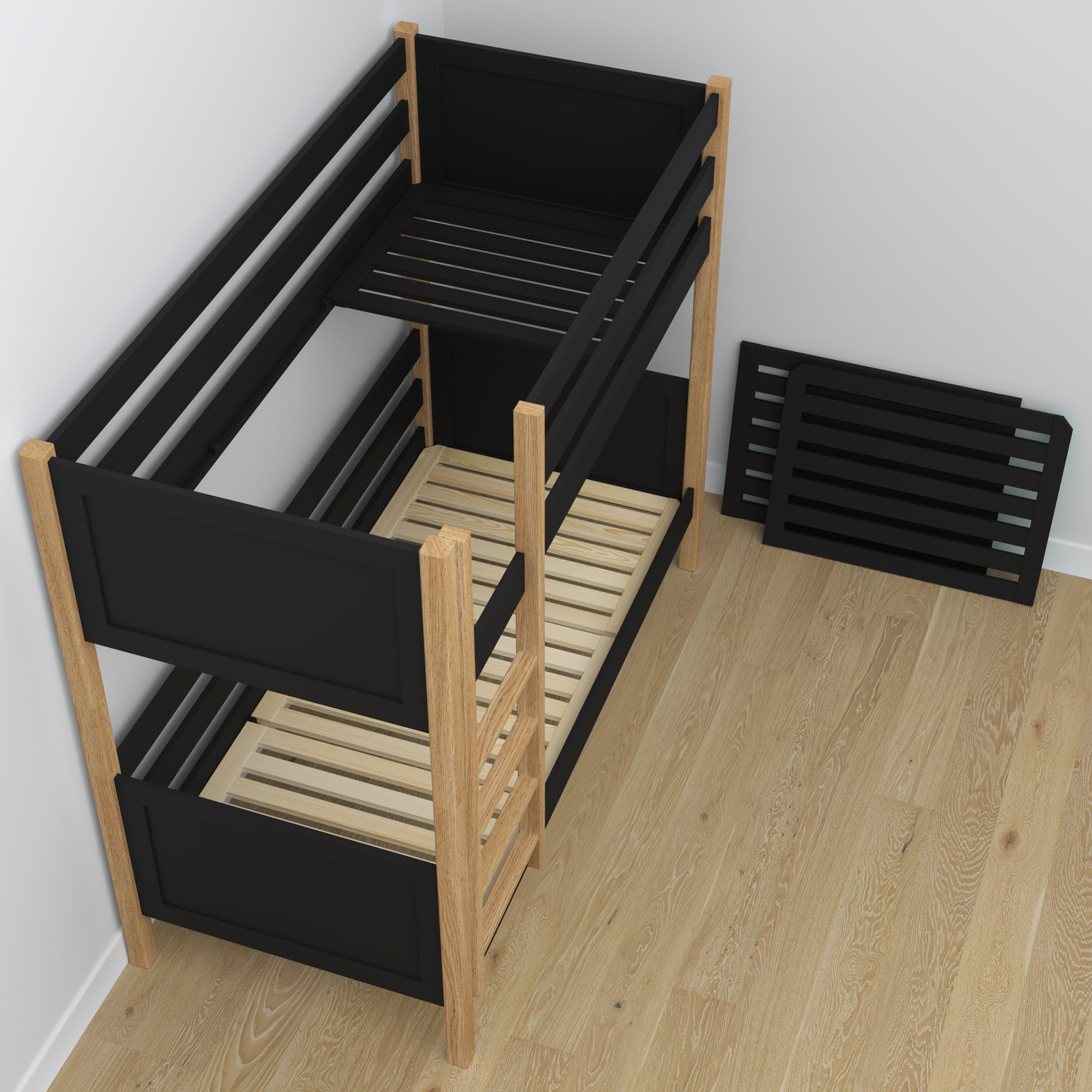 Lit superposé avec tiroir noir-chêne en bois – design scandinave, Nizio