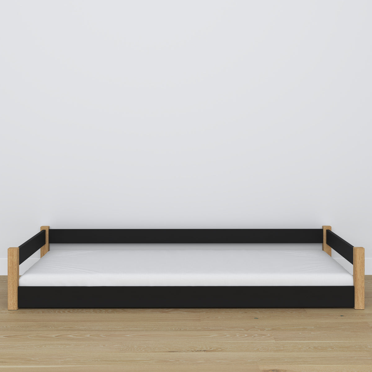 Laag bed houten zwart-eiken – lage bedrand, zijaanzicht, scandi slaapkamer