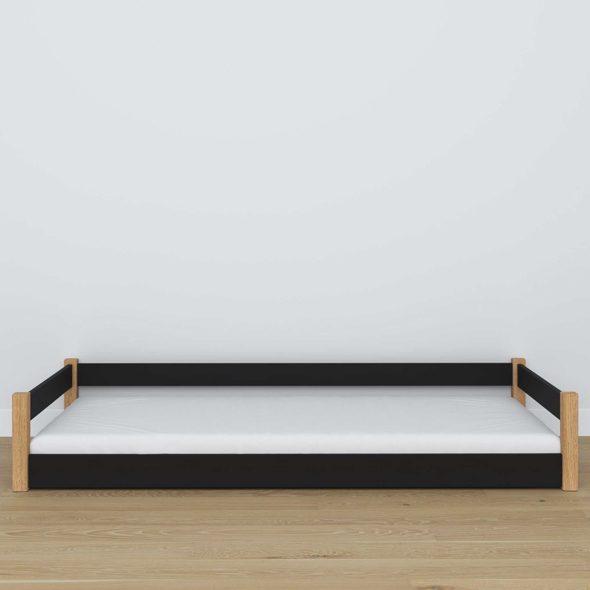 Laag bed houten zwart-eiken – lage bedrand, zijaanzicht, scandi slaapkamer