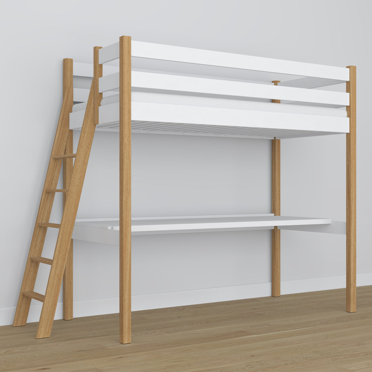 Hoogslaper wit-eiken van hout – bovenaanzicht van de slaapkamer, Nizio