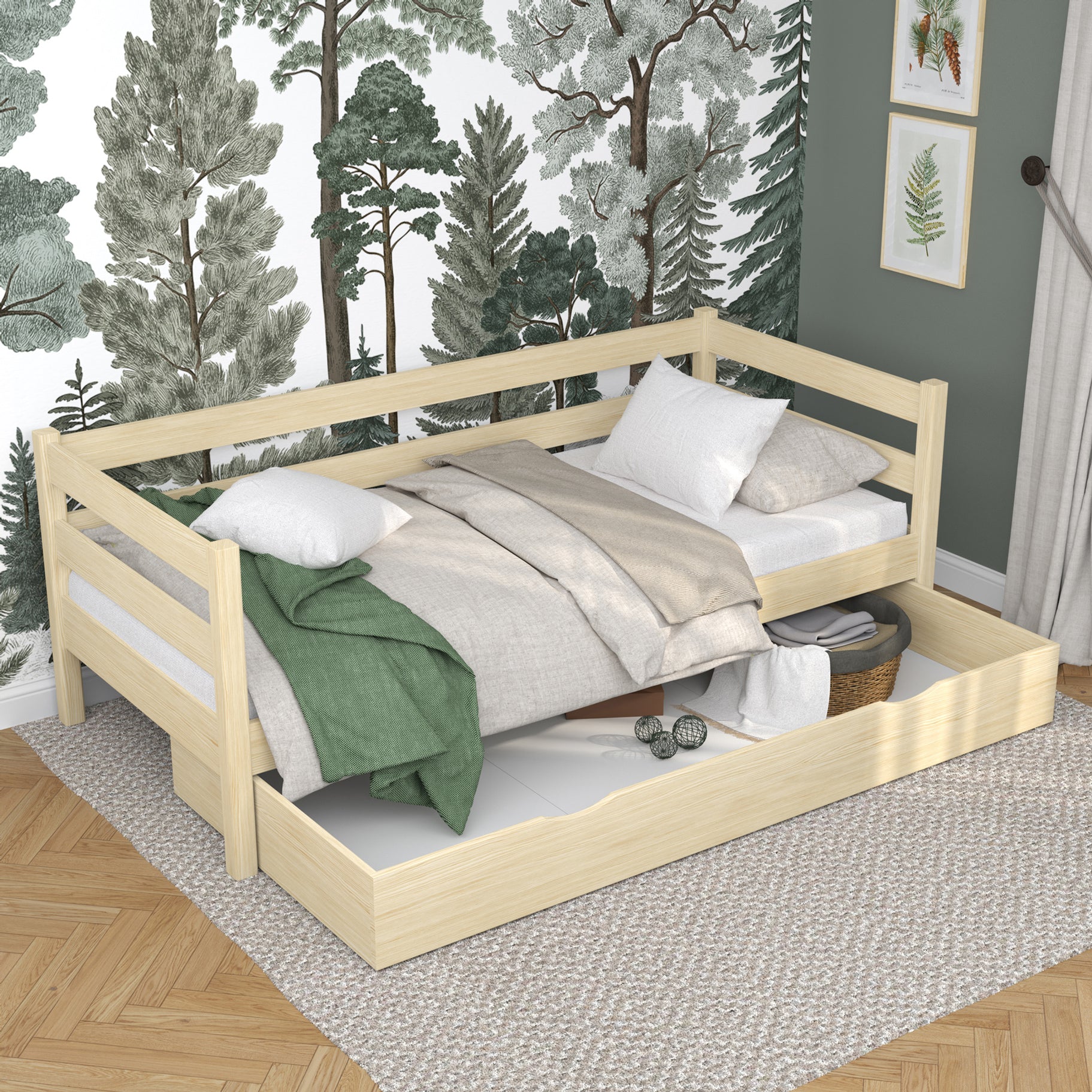 Drewniane łóżko sofa z szufladą N01 sosna bezbarwna – dodatkowy widok, trwała jakość Nizio Home