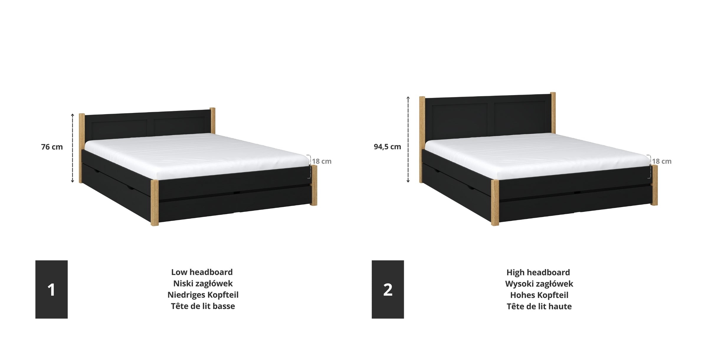 Wooden double bed black with oak – joint and drawer details, Nizio