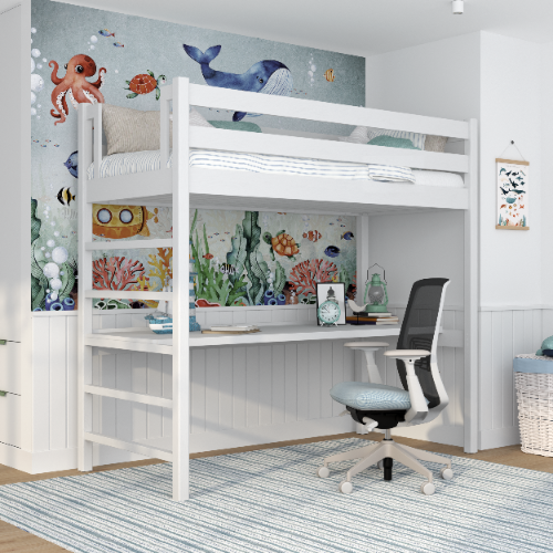 Hoogslaper met bureau houten wit – ladder en veiligheidsbeugel