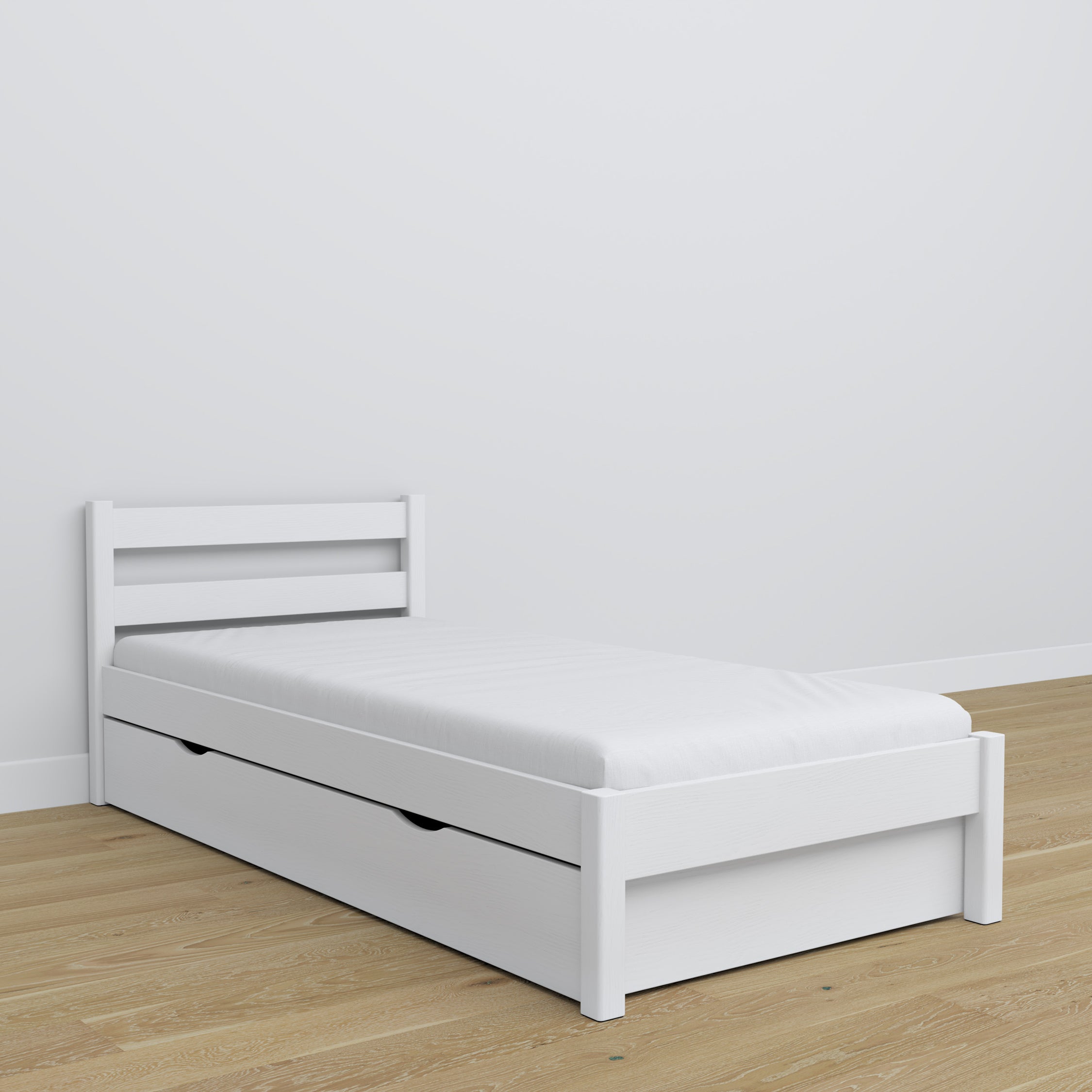 Wooden bed with drawer white – child’s room, scandi arrangement