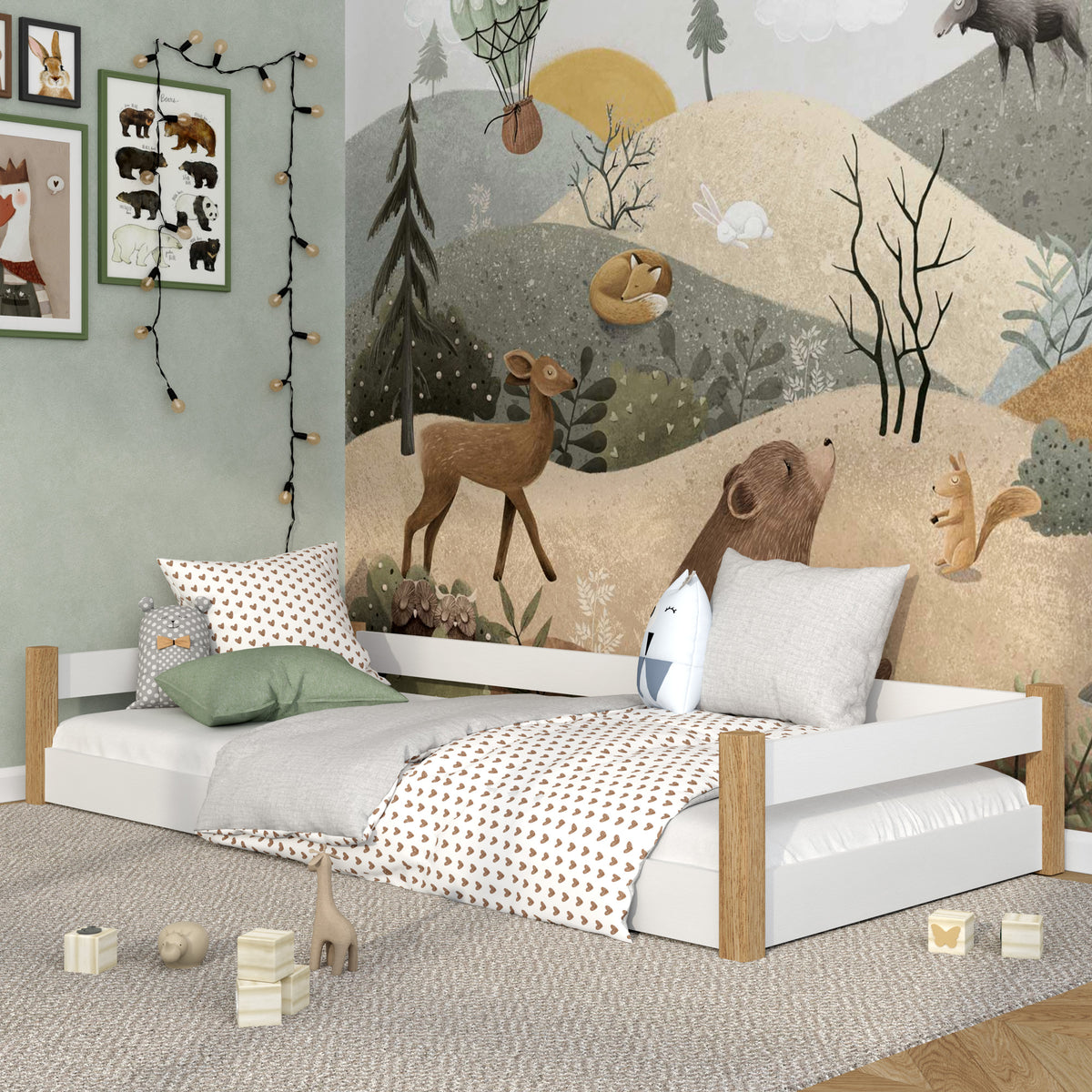Laag bed wit-eiken in de slaapkamer – Scandinavische inrichting, houten