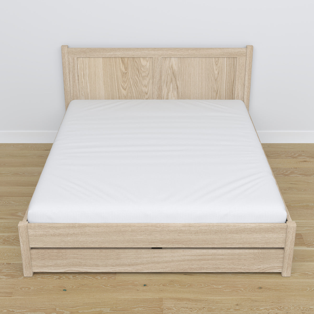 Tweepersoonsbed met lade eiken gewit eiken – schuine weergave, scandinavische slaapkamer
