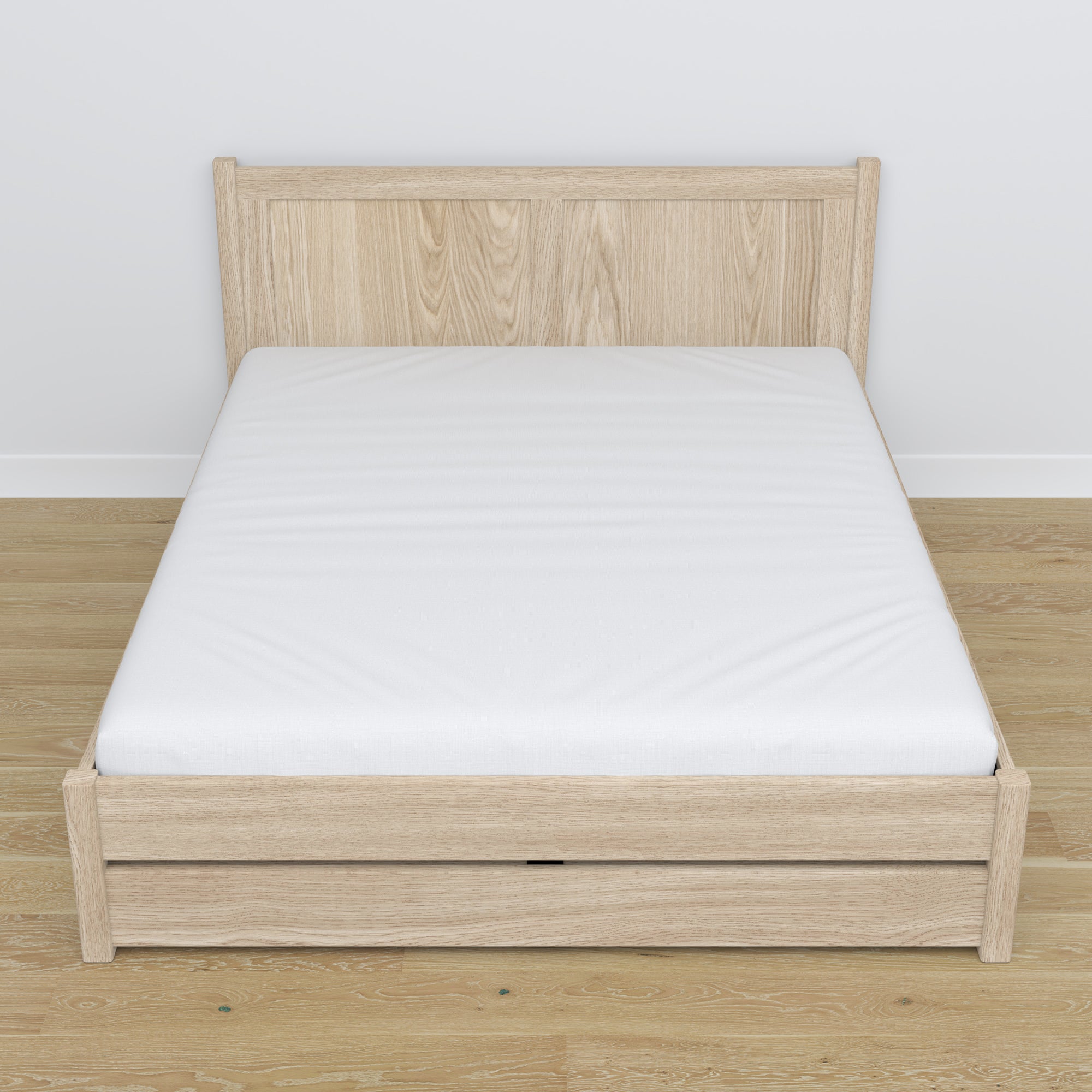 Tweepersoonsbed met lade eiken gewit eiken – schuine weergave, scandinavische slaapkamer