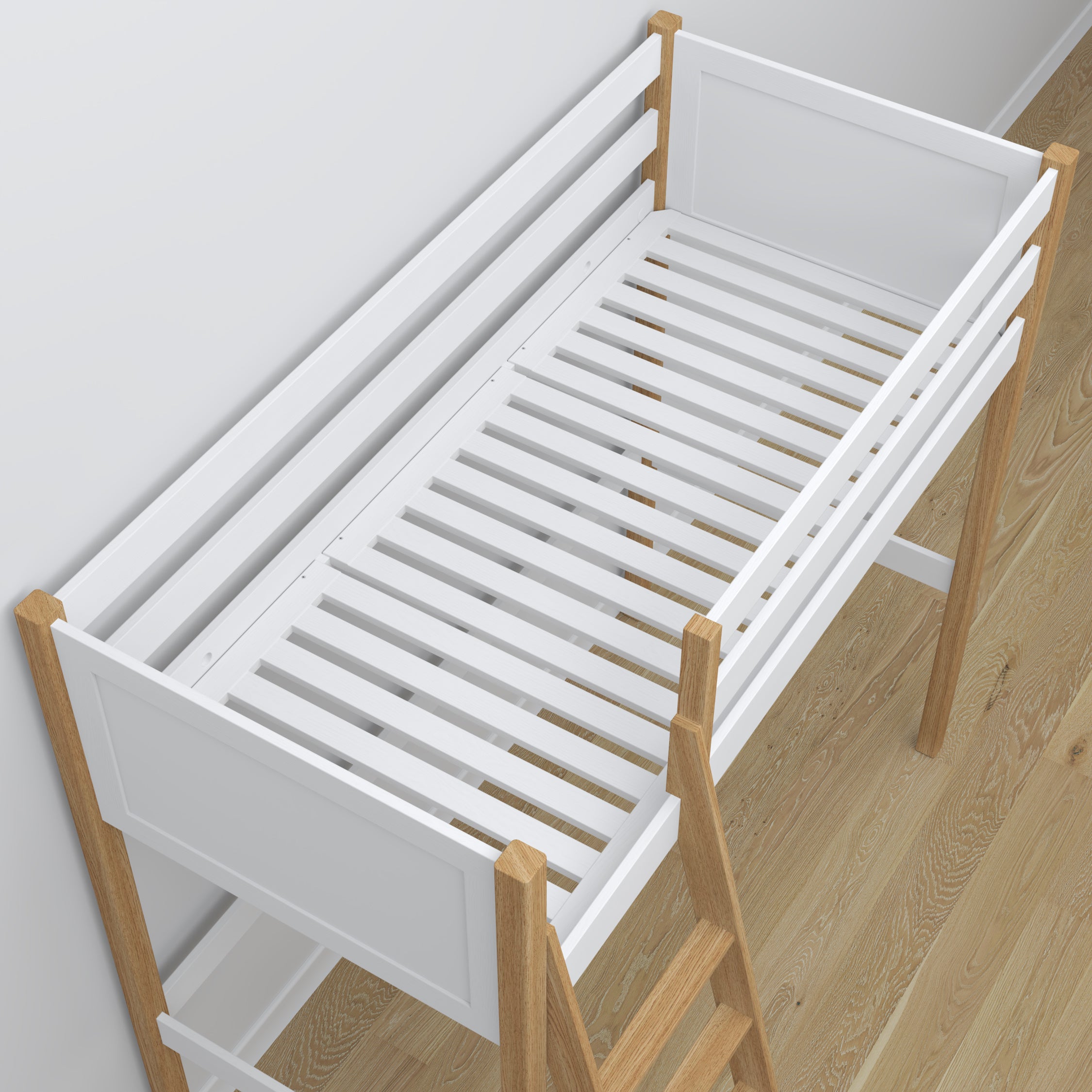 Houten hoogslaperbed wit-eiken – details van verbindingen en ladder, Nizio Home