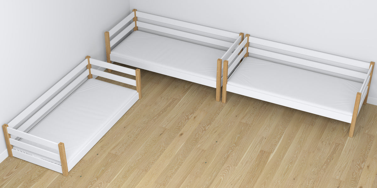Drielaags stapelbed houten wit met eiken – close-up van verbindingen en constructiedetails
