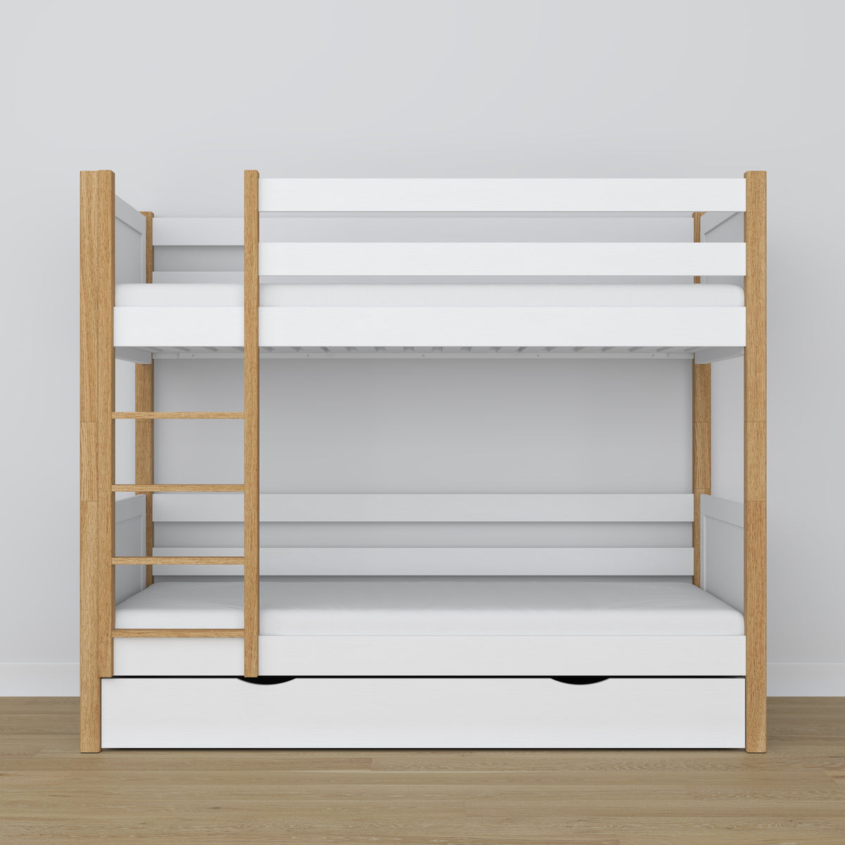 Lit superposé blanc-chêne z tiroir – barrière i échelle en bois, Nizio